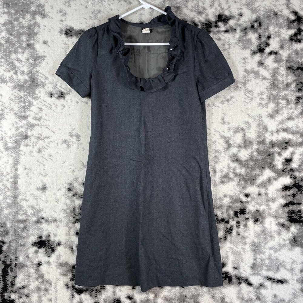 J Crew Shift Dress Womens Size 2 Wool Viscose Ruffle Neck Midi Short Sleeve